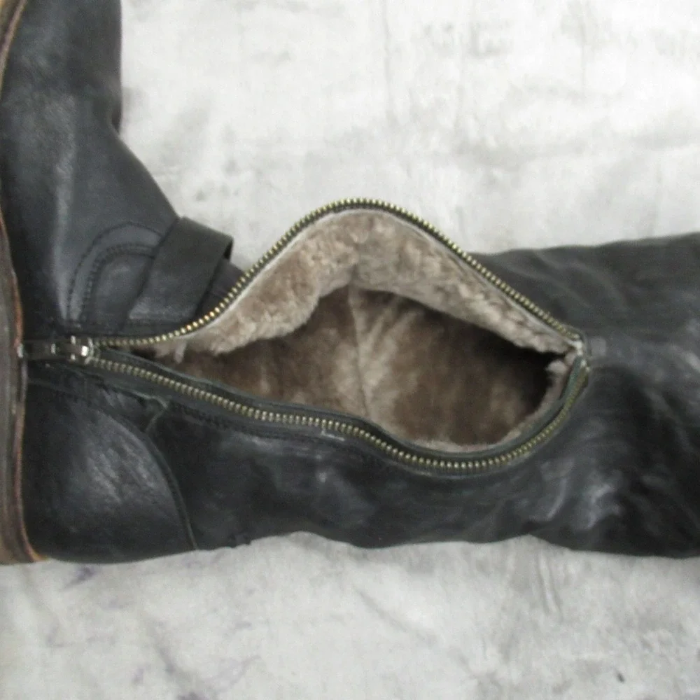 FRYE Women 6.5B Black Valerie Boots Knee Fold Over Shearling Fur Zip Buckle Pull